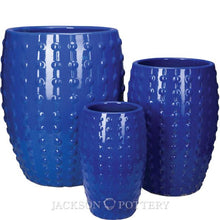 Load image into Gallery viewer, Set of three blue ceramic planters with raised dot texture in graduated sizes