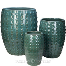 Load image into Gallery viewer, Set of three teal glazed ceramic planters with raised dot pattern in varying sizes