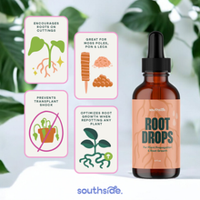 Load image into Gallery viewer, Southside Root Drops amber bottle with dropper showing plant propagation and root growth benefits