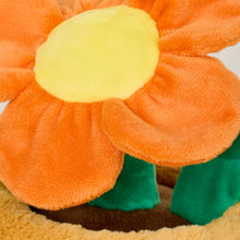 Load image into Gallery viewer, Orange plush flower with yellow center and green leaves on beige fabric surface