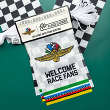 Load image into Gallery viewer, Indianapolis Motor Speedway Welcome Race Fans decorative bunting flags with checkered pattern and colorful borders