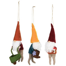 Load image into Gallery viewer, Set of three felt garden gnome Christmas ornaments with colorful hats and garden accessories