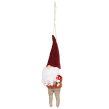 Load image into Gallery viewer, Felt garden gnome Christmas ornament with red hat holding a red mushroom
