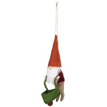 Load image into Gallery viewer, Felted wool garden gnome Christmas ornament with orange hat and green wheelbarrow