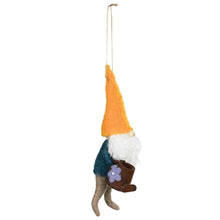Load image into Gallery viewer, Handcrafted felt garden gnome Christmas ornament with orange hat and white beard