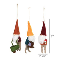 Load image into Gallery viewer, Set of three felt garden gnome Christmas ornaments with colorful hats, 7 inches tall