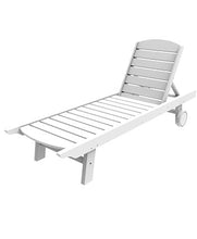 Load image into Gallery viewer, White slatted outdoor chaise lounge chair with adjustable back and wheels