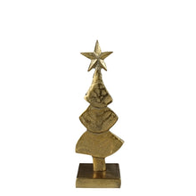 Load image into Gallery viewer, Gold metallic decorative Christmas tree figurine with star topper on rectangular base