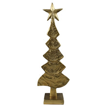 Load image into Gallery viewer, Gold metallic decorative Christmas tree sculpture with star topper on square base