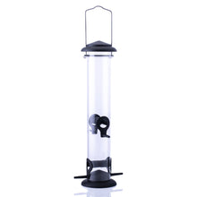 Load image into Gallery viewer, Matte black tube bird feeder with clear cylinder and metal perches for outdoor hanging