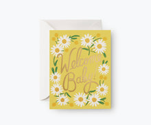 Load image into Gallery viewer, Yellow greeting card with white daisies and Welcome Baby text, displayed with white envelope