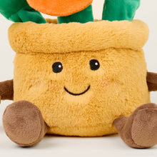 Load image into Gallery viewer, Cute yellow plush flower pot toy with smiling face, brown arms and orange flower on top