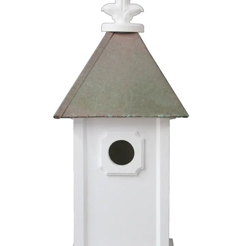 Sm Sq Blue Bird house w/copper roof verdi finish  Item: BH4V