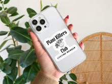 Load image into Gallery viewer, Clear phone case with white Plant Killers Club sticker featuring skull and floral design