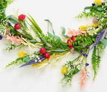 Load image into Gallery viewer, Colorful artificial spring flower garland with red roses, pink blooms, yellow flowers and purple spikes