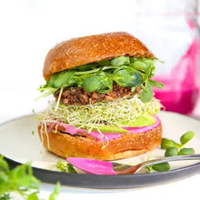 Load image into Gallery viewer, Fresh sprouted salad greens and microgreens layered in gourmet burger with arugula