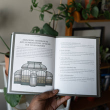 Load image into Gallery viewer, Open hardcover book showing greenhouse and conservatory options with detailed illustrations and descriptions