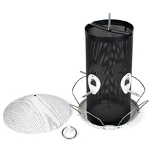 Load image into Gallery viewer, Black mesh cylindrical bird feeder with white metal base and cord for hanging outdoors