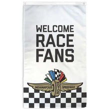 Load image into Gallery viewer, White vertical flag with Welcome Race Fans text and Indianapolis Motor Speedway logo with checkered border