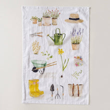 Load image into Gallery viewer, White cotton tea towel with watercolor garden illustrations including tools, plants, and accessories