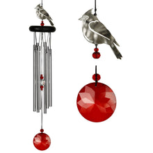 Load image into Gallery viewer, Wind chime with silver cardinal bird topper, metal tubes, and red crystal accents