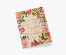 Load image into Gallery viewer, Floral birthday greeting card with gold script text and colorful flower border design