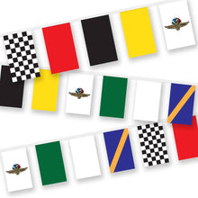 Load image into Gallery viewer, Racing flag bunting featuring checkered, solid colored, and Indianapolis Motor Speedway logo flags