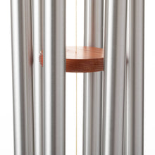 Load image into Gallery viewer, Large silver wind chime with wooden striker suspended between metal tubes