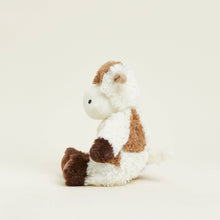 Load image into Gallery viewer, White and brown plush cow stuffed animal with soft fuzzy texture sitting upright