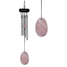 Load image into Gallery viewer, Rose quartz wind chime with silver tubes and pink stone accents on white background