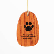Load image into Gallery viewer, Wooden wind chime with black paw print and memorial text on natural wood grain