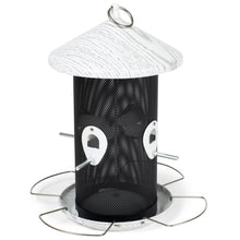 Load image into Gallery viewer, Whitewashed mesh bird feeder with metal perches and protective cage on white background