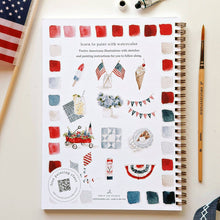 Load image into Gallery viewer, Americana watercolor workbook with patriotic illustrations and paint color swatches on spiral-bound pages