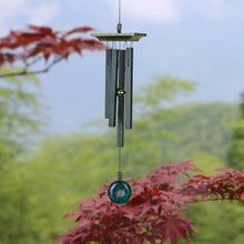 Load image into Gallery viewer, Woodstock Jade Chime hanging wind chime with dark tubes and green disc striker