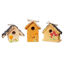 Load image into Gallery viewer, Three decorative seed-covered bird houses with floral designs and hanging loops