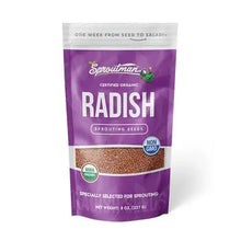 Load image into Gallery viewer, Purple package of certified organic radish sprouting seeds by Sproutman brand