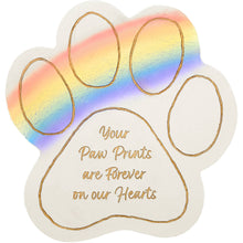 Load image into Gallery viewer, Rainbow paw print memorial garden stone with gold text reading Your Paw Prints are Forever on our Hearts