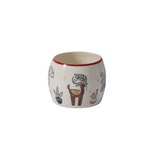 Load image into Gallery viewer, Small white ceramic pot with festive deer, cactus, and plant illustrations with red rim
