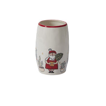 Load image into Gallery viewer, White ceramic Christmas vase featuring Santa Claus with tropical plants and red rim detail