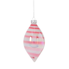 Load image into Gallery viewer, Pink and white striped glass Christmas ornament in teardrop shape hanging from silver cap