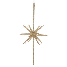 Load image into Gallery viewer, Gold glittery star-shaped Christmas ornament with long hanging stem against white background
