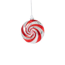 Load image into Gallery viewer, Red and white swirl patterned Christmas ornament hanging from silver string