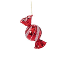 Load image into Gallery viewer, Red and white striped Christmas candy ornament with twisted wrapper ends hanging from gold string