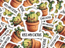 Load image into Gallery viewer, Cute cartoon cactus stickers with 'Kiss My Cactus' text in terracotta pots with smiling faces
