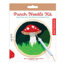 Load image into Gallery viewer, Punch needle embroidery kit featuring red mushroom with white spots design in wooden hoop