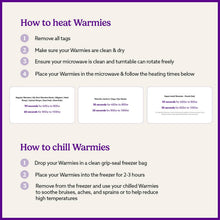 Load image into Gallery viewer, Instructions for heating and chilling Warmies products with microwave times and freezer steps