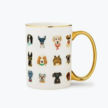 Load image into Gallery viewer, White porcelain mug with gold rim and handle featuring colorful dog breed illustrations