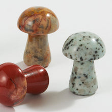 Load image into Gallery viewer, Three decorative stone mushroom sculptures in red jasper, mixed agate, and speckled green materials