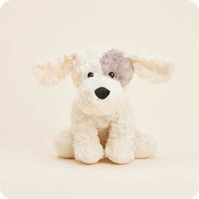 Load image into Gallery viewer, Patch Curly Dog Warmies plush toy with cream curly fur and gray patch over eye