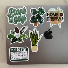 Load image into Gallery viewer, Collection of plant-themed stickers on laptop including Plant Lady, Home is Where My Plants Are sayings